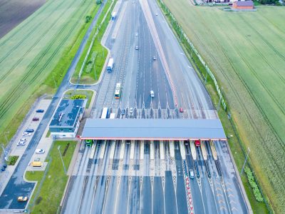 Aerial drone view on toll collection point on the motorway. A2 P Aerial drone view on toll collection point on the motorway. A2 Poland